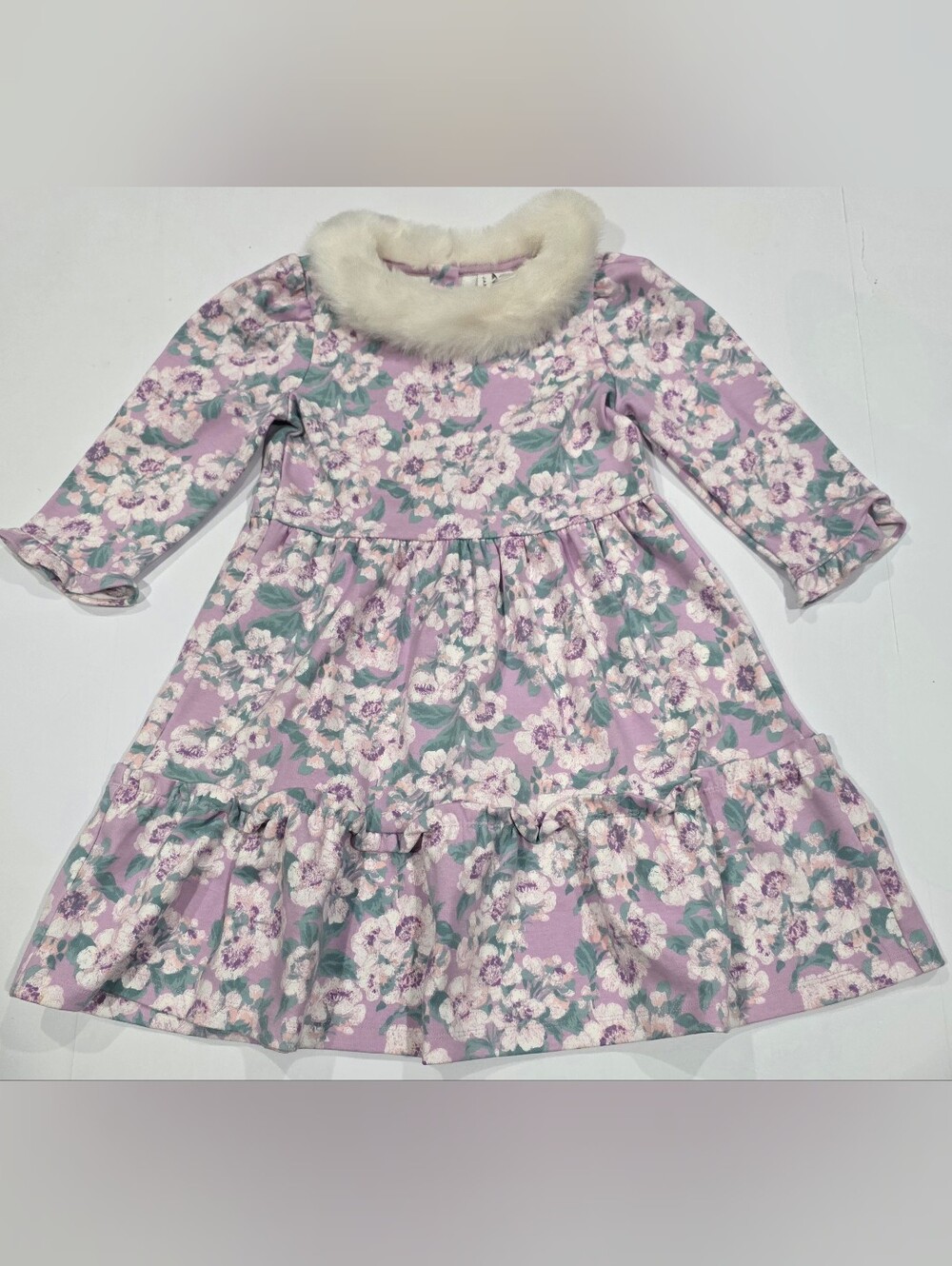 Janie and Jack Girls' Lavender Floral Dress with Faux Fur Collar Size 7